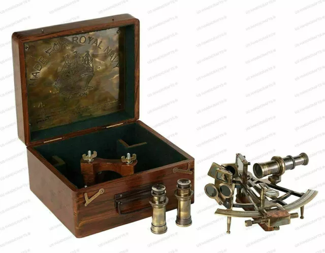 8in SEXTANT Antique With Wooden Box Nautical Brass Maritime Heavy Ship Astrolabe