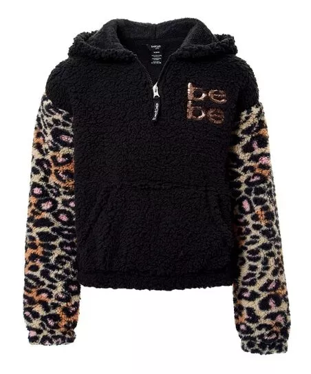 Bebe Fluffly Hoodie Black Leopard 1/4 Zip Sequin Logo, Toddler & Girls - M(5/6)