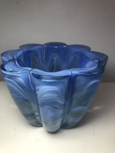 ECOGLASS 100% Recycled Glass Blue Candle Votive Bowl Lobed Hand Blown
