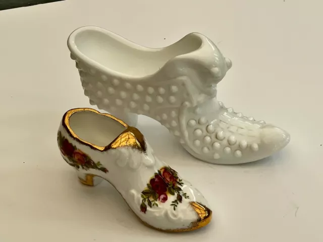 Gorgeous Vintage Collectable Miniature Shoes Milk Glass Fenton & Royal Albert