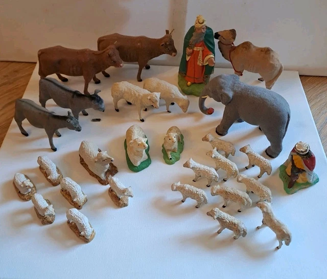 LOT 8 ANCIENS santons émaillés Devineau ? pêcheur roi noir chamelier mouton EUR 39,00 - FR
