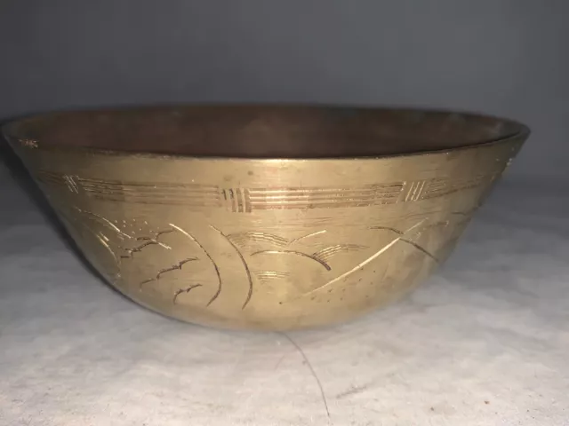 Antique Old Unusual Chinese Hand Engraved Etched Small Brass Bowl