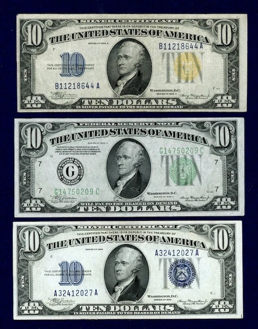 1934 A $10  North Africa Silver  & 1934 $10 Green Seal & 1934 $10 Silver Cert. !