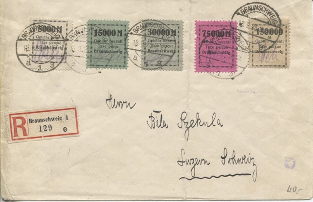 Gebührenmarken II Fa. Borek auf R-Brief Braunschweig nach Luzern geprüft(B09249) Gebührenmarken II Fa. Borek auf R-Brief Braunschweig nach Luzern geprüft(B09249)