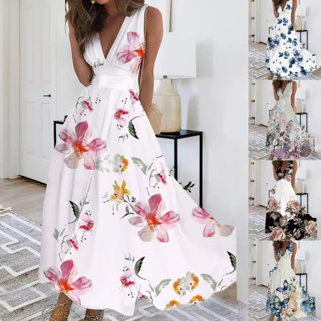 Womens Boho Floral Maxi Dress Ladies Summer Holiday Beach Swing V Neck Sundress