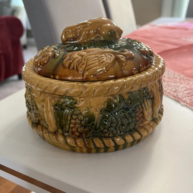 Rabbit Bunny Birds Game Casserole Tureen Majolica Bisque Caneware Round Lidded