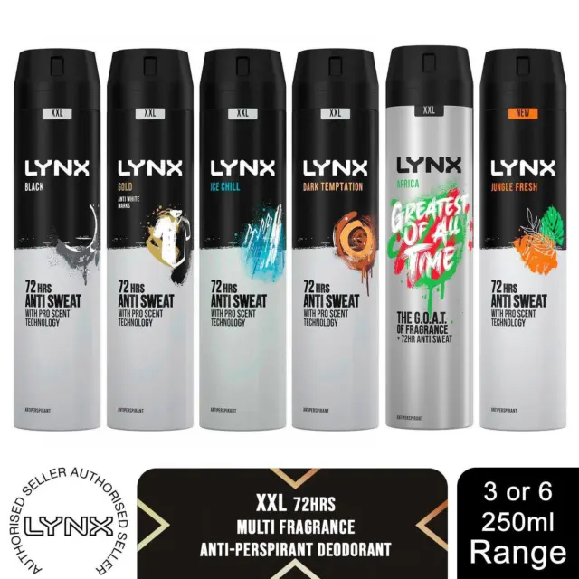 Lynx XXL 72-Hour Sweat Protection Anti-Perspirant Deodorant, 3 or 6 Pack, 250ml