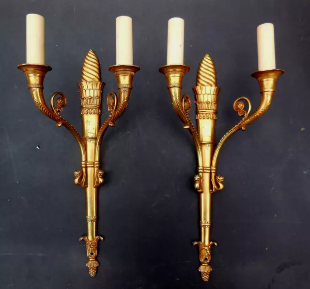 Elegant Pair of Mid Century FRENCH EMPIRE Style Gilt Brass Wall Sconces Electric