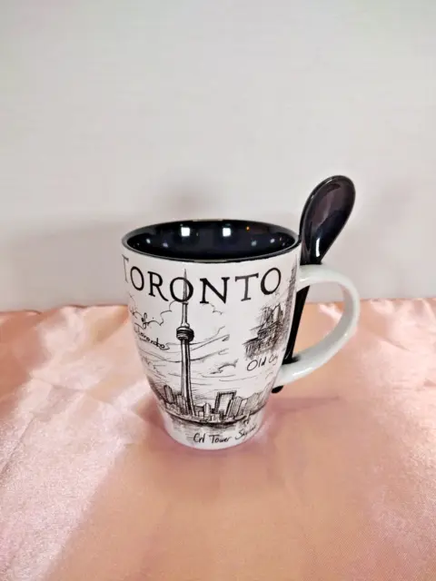 TORONTO Coffee Mug Tea Cup Spoon White Black CN Tower Skyline Downtown Scene