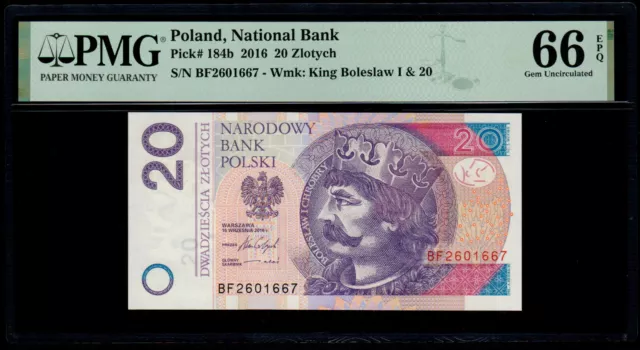 Poland 20 Zlotych, 2016, p-184b, PMG 66 EPQ Gem Uncirculated