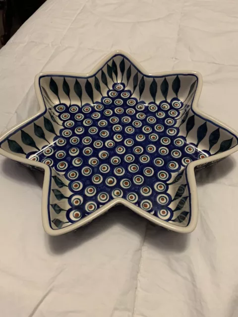 Boleslawiec Star Shaped Serving Casserole Blue Rose Polish Pottery Peacock