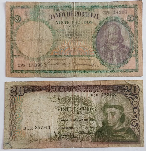 PORTUGAL 2 Note Lot 20 Escudos 1954+1964 VG Circulated Portuguese World Banknote