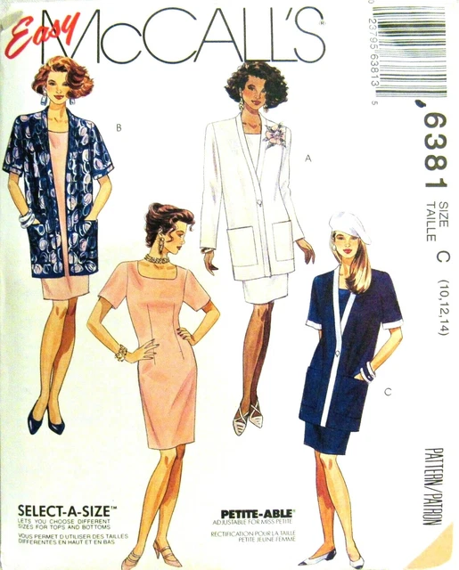 Easy Mccall Pattern 6381 Straight Fit Jacket Semi Fitted Dress W Darts Sz 10-14
