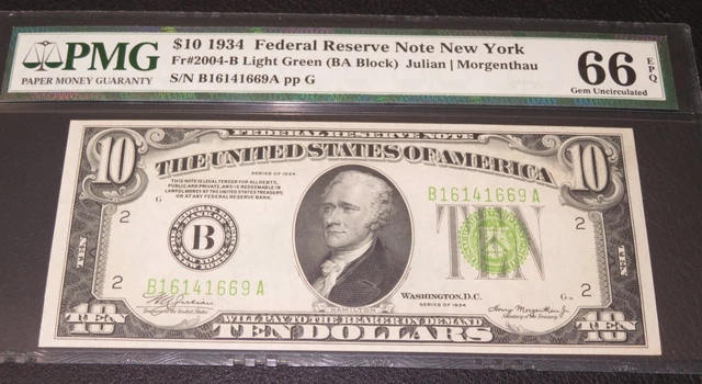 TOP POP LGS. LIGHT GREEN SEAL. $10 1934 New York  FRN. PMG 66 EPQ.  Quality Note