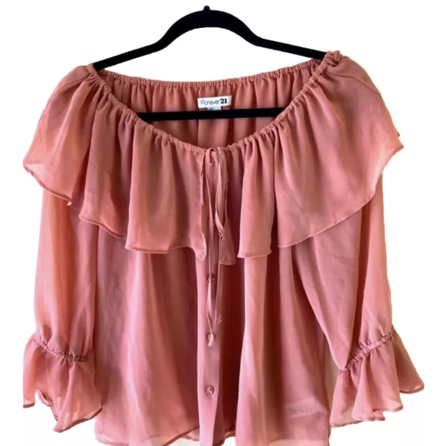 Forever 21 Size S Off Shoulder Crop Top Ruffle Tie Neck Pink