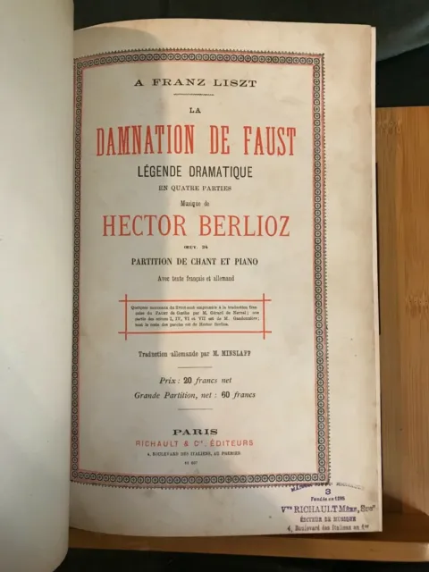 Hector Berlioz La Damnation de Faust partition chant piano ancienne richault