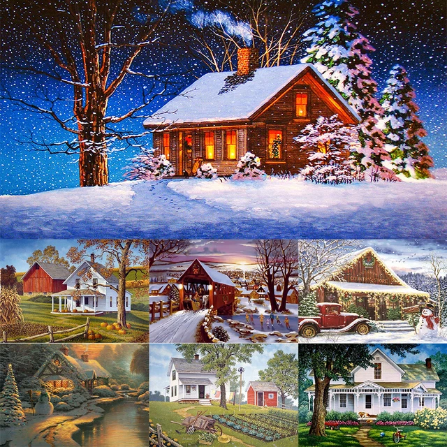 5D hágalo usted mismo Casa Paisaje Diamante Pintura Redondo Completo Taladro Estrás Decoración Artesanías