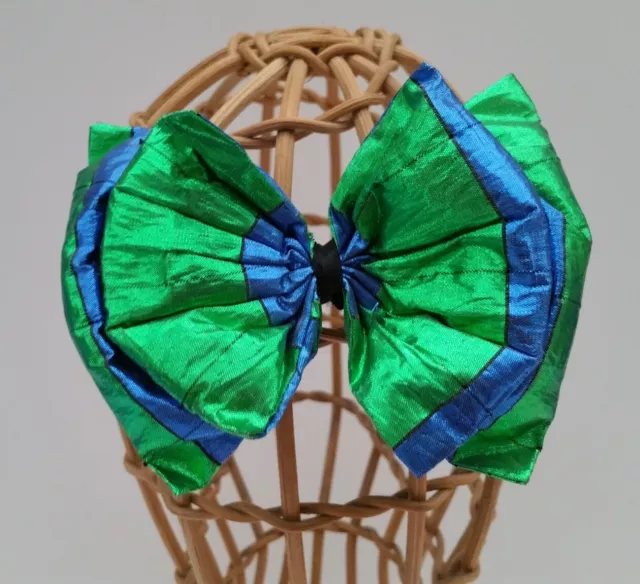 NEUF VINTAGE ANNÉES 80 PINCE COIFFURE BARRETTE NŒUD BRILLANT BLEU VERT H 12 cm