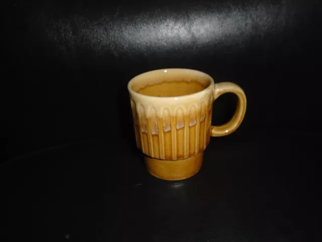 Vintage 1970'S Brown Drip Glazed Ribbed Ceramic Coffee Mug Stackable
