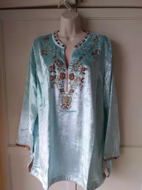 SOFT SURROUNDINGS Moroccan Embellished Teal Velvet Tunic Top-NWT-SZ-PL