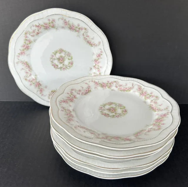 Vintage Z S & Co  Orleans Porcelain Salad Plates 8 1/4" Pink Roses Set of 7