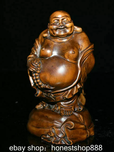 6.8" Old Chinese Boxwood Carving Happy Laugh Maitreya Buddha Moneybag Statue