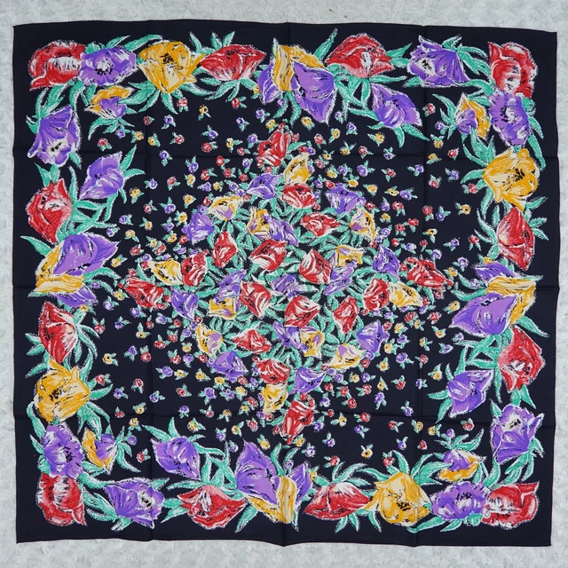 K855 Jim Thompson Black Flower Silk Scarf Scarves Sz. 32" X 33.5"