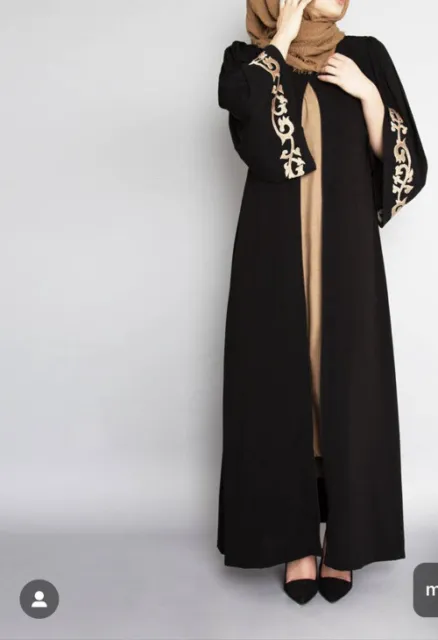 Biah Emirati Ruhi Black Gold Open Abaya Bell Sleeve Size Large Eid Hajj