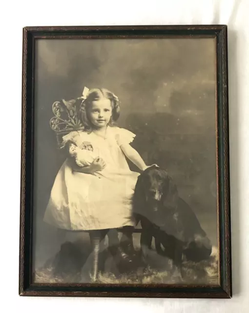 Victorian Little Girl w Cocker Spaniel Dog + Doll Antique Framed Photo 17" x 13"