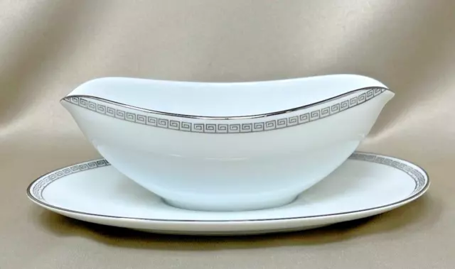 Vintage NORITAKE SILVER KEY 5941 Japan White China ~Gravy Boat w/ Attached Plate