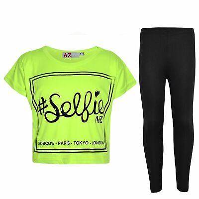 Bambine # Selfie Stampa Elegante Verde Neon Top Corto & Moda Legging Set 5-13