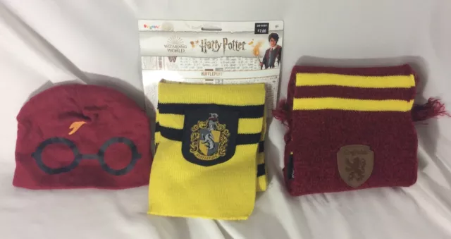 Harry Potter Lot Knit Cap And Two Scarves Gryffindor Hufflepuff