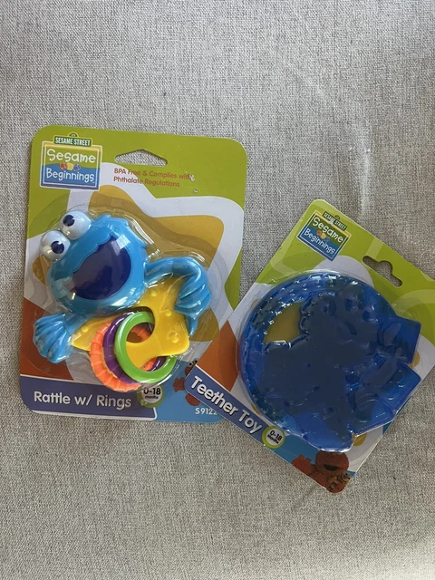 Sesame Street Beginnings Cookie Monster Rattle w/Rings & Elmo Teether set NEW