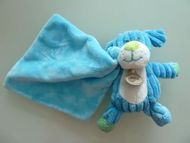 * DOUDOU PELUCHE CHIEN BABY NAT MOUCHOIR BLEU BLANC VERT COTELE 18cm ETAT NEUF *