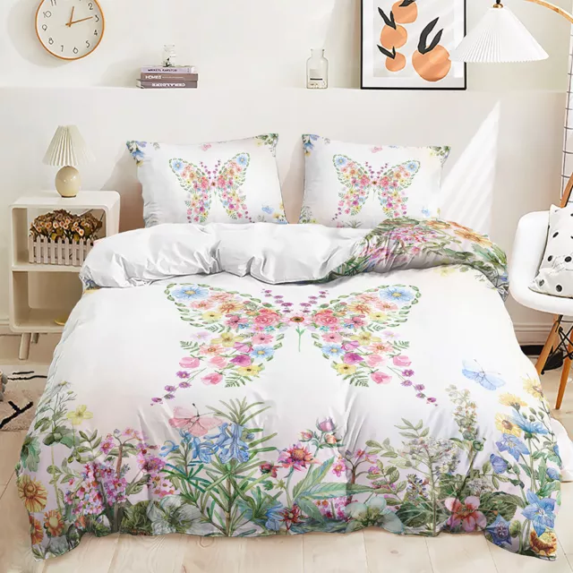 Purple Butterfly Floral Colorful Vintage Watch Doona Duvet Quilt Cover Bed Set