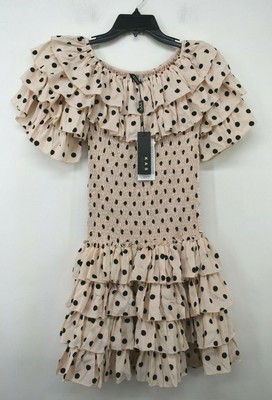 Kas New York Womens Polka Dot Ruffle Sleeve Tiered Smocked Fit Flare Dress
