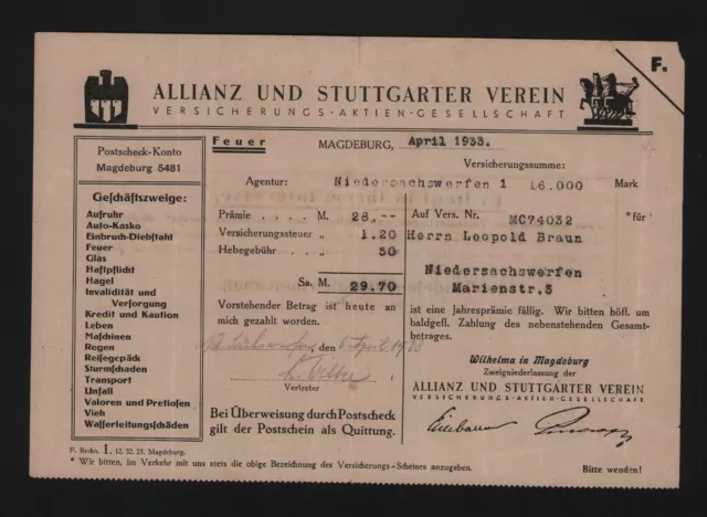 MAGDEBURG, Rechnung 1933, Allianz und Stuttgarter Verein Versicherungs AG