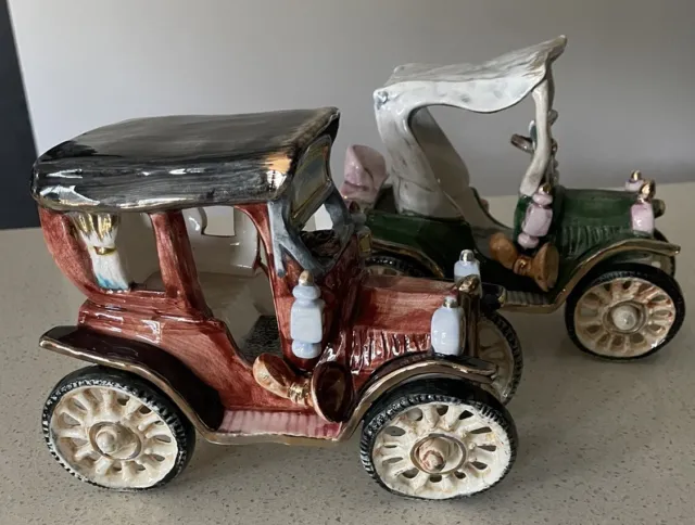 Capodimonte Model T Ford Cars x 2 Porcelain Vintage Hand Painted