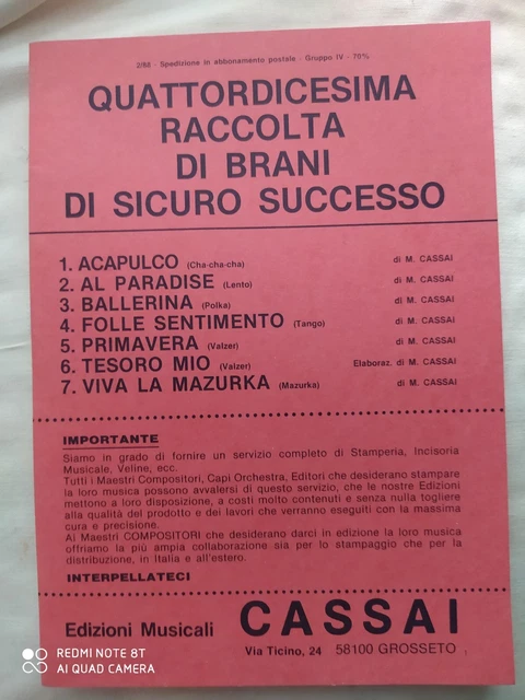 M. Cassai "Quattordicesima Raccolta Di Brani Di Sicuro Successo" - 1988 Cassai