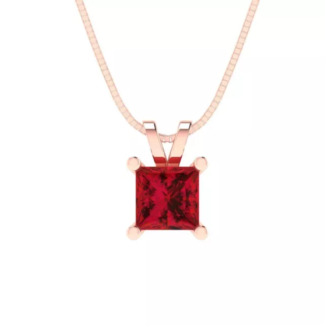 2.50 ct Princess Cut Ruby Simulated Pendant 16" chain Real 14k Solid Rose Gold