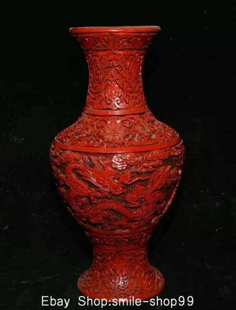 11" Old Chinese Red lacquerware Carving Dynasty Palace Dragon Bottle Vase