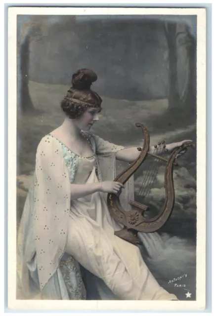 c1905 Pretty Woman Playing Lyre Studio RPPC Photo Unposted Antique Postcard