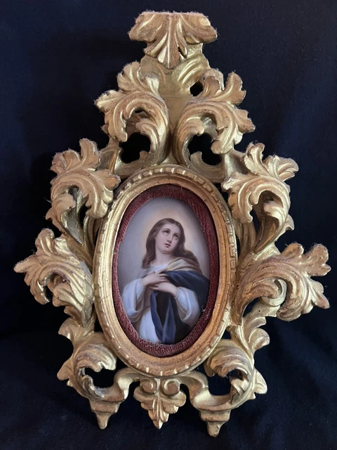 Antique 19th Century Madonna Italian Hand Painted Framed Porcalain