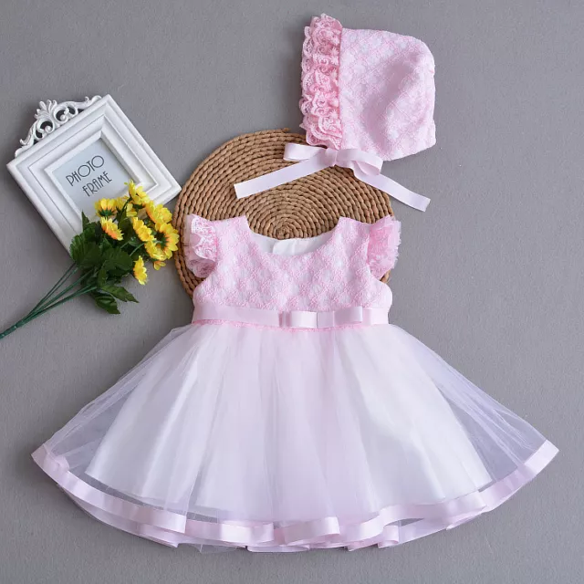 Baby Girls Party Dress With Bonnet Yellow Pink Blue 0 3 6 12 18 24 Months