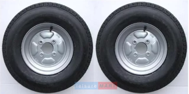 A pair of 500 x 10 inch trailer wheels and tyres with 4 ply tyre and 4 inch PCD