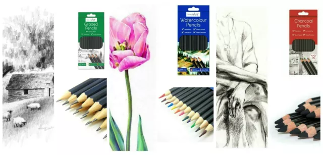 12 Pcs - Artist Pencils For Drawing Sketching Charcoal Watercolour Graded ART UK