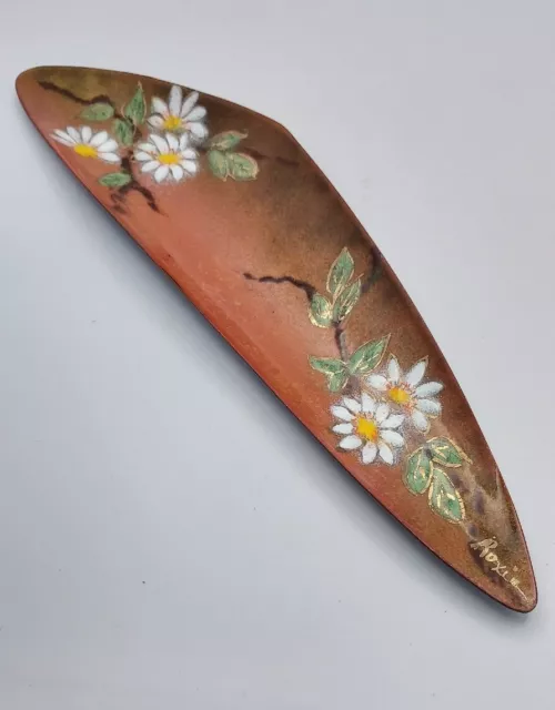 MCM Trinket Tray Dish Signed Hand Painted Daisies Enamel Copper Colored Boho