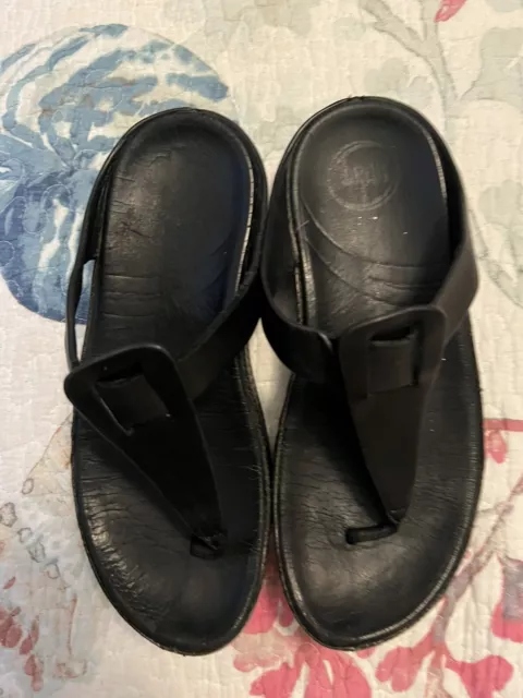 Fitflop Ibiza Womens Black Leather Sandals Thong Wedge Platform Shoes Sz 7