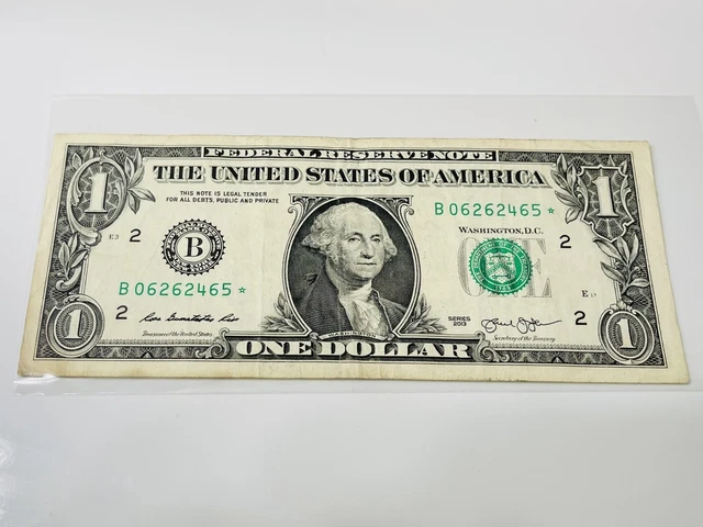2013 B Series One Dollar Duplicate Serial Print Star Note NY $1 Washington Print