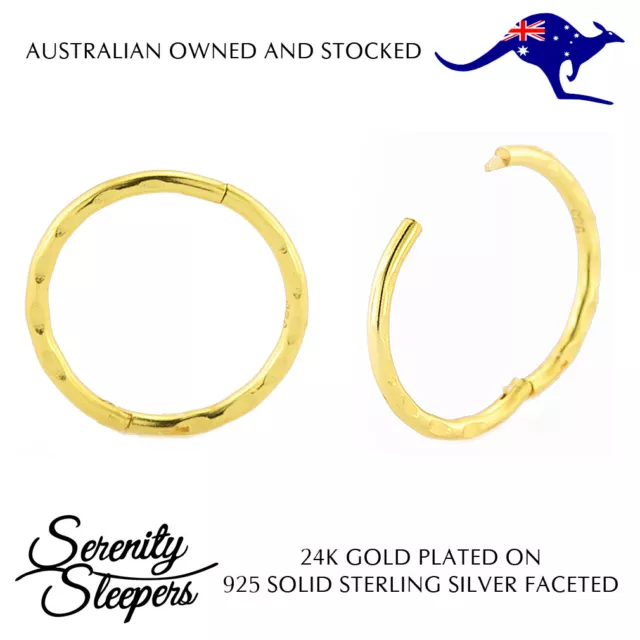24K Gold Plated On Sterling Silver 925 Faceted Sleeper Hoop Earrings (Pair) NEW